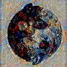 Four wolves in cosmic scene with crescent moon on ornate background