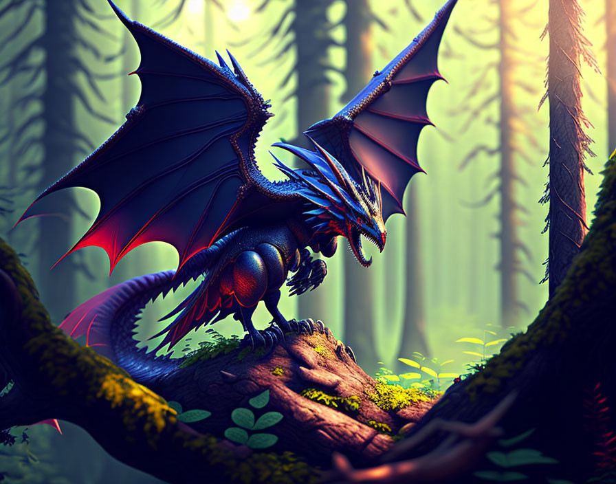 Blue dragon with wings perched on log in misty forest