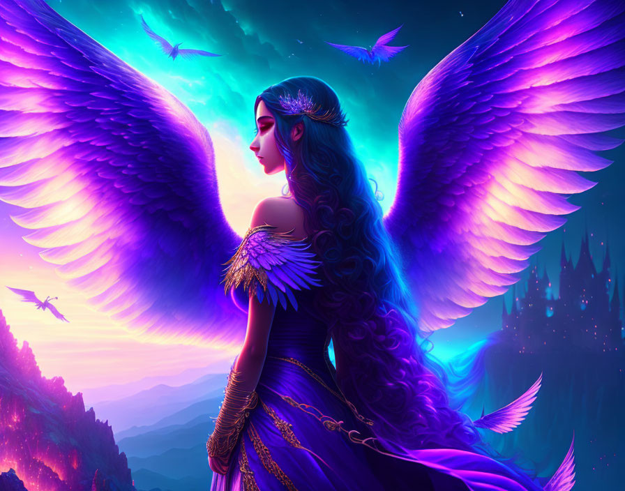 Winged fantasy character in purple hues gazes at magical landscape