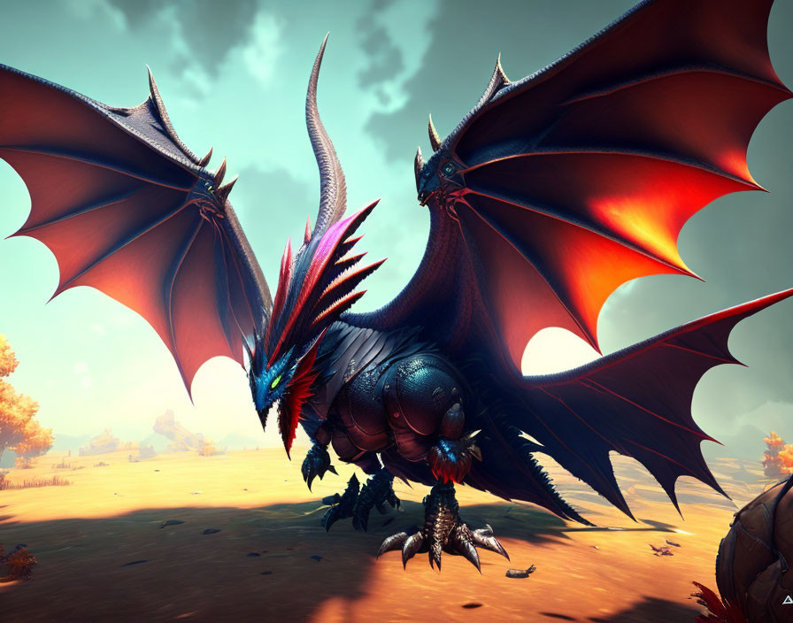 Red-winged dragon with blue-black scales in desolate landscape