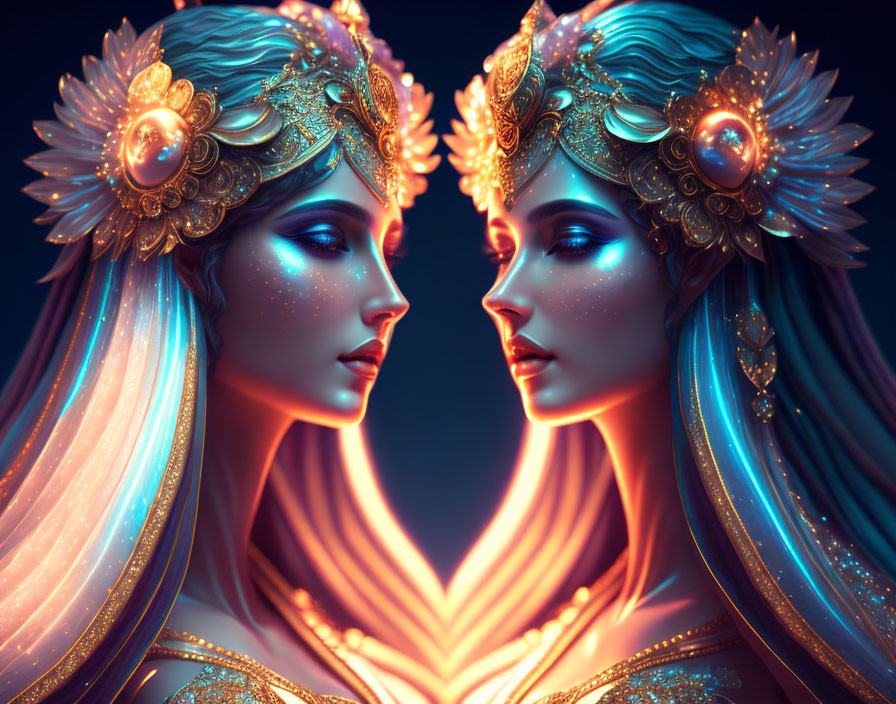 Ethereal women with golden headdresses and glowing blue skin portrait.