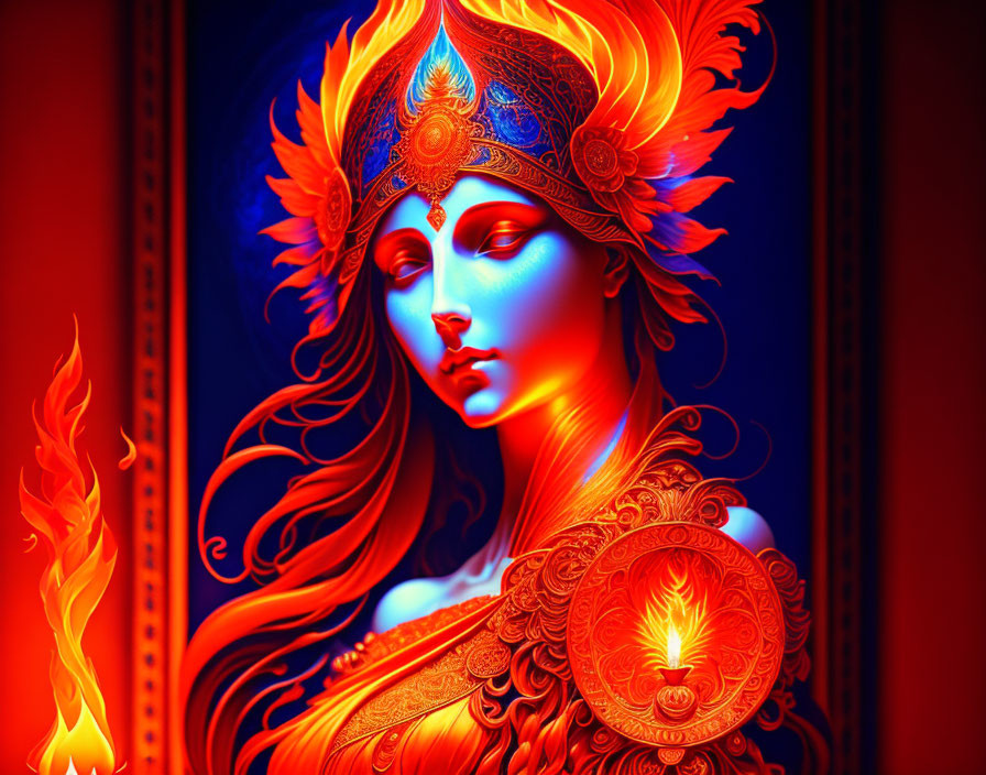 Blue-skinned woman with golden headdress holding flame and mandala emblem