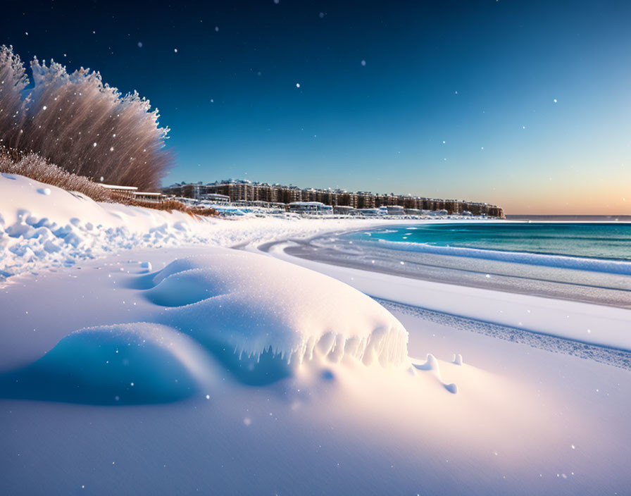 Winter Beach Scene: Tranquil Twilight with Snowfall and Water View