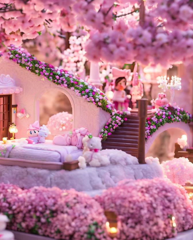 Plush Character in Cherry Blossom Fairy-tale Scene