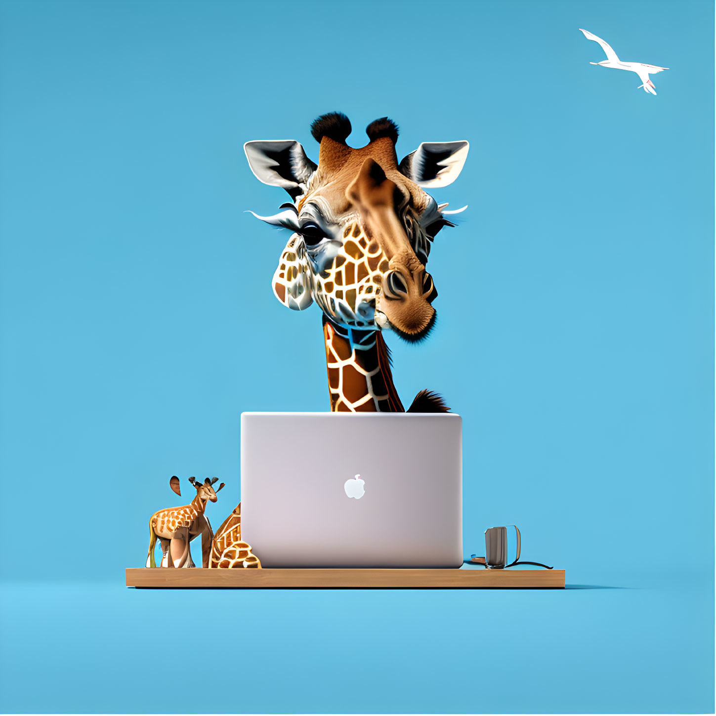 Giraffe and Miniature Figurine on Blue Background with Seagull