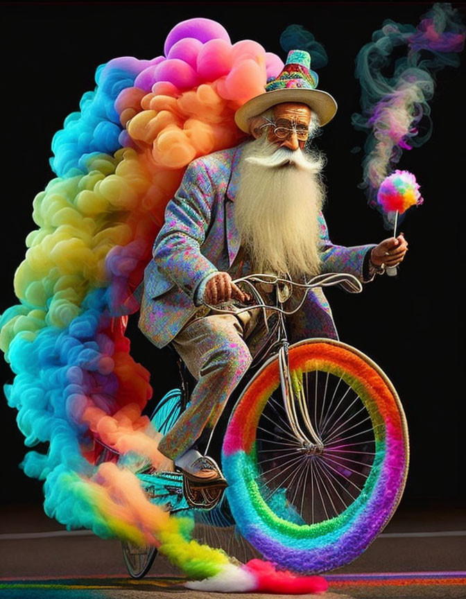 Eccentric man with long white beard on bicycle with colorful smoke plumes