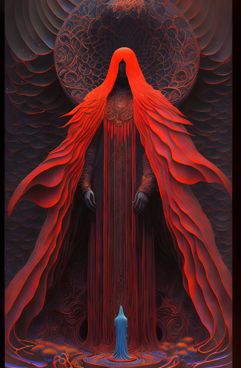 Red and blue cloaked figures in intricate design amidst swirling patterns