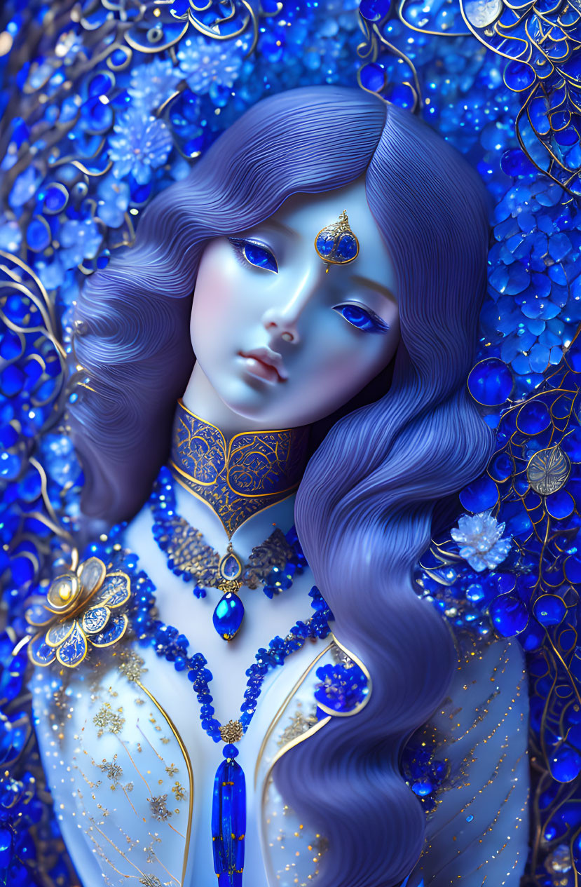 Person with Blue Hair and Three Eyes in Ornate Jewelry and Floral Surroundings