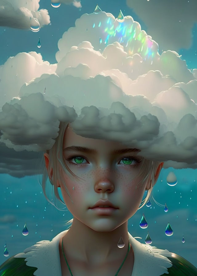 Child digital artwork: Rain cloud hair, rainbow light reflection