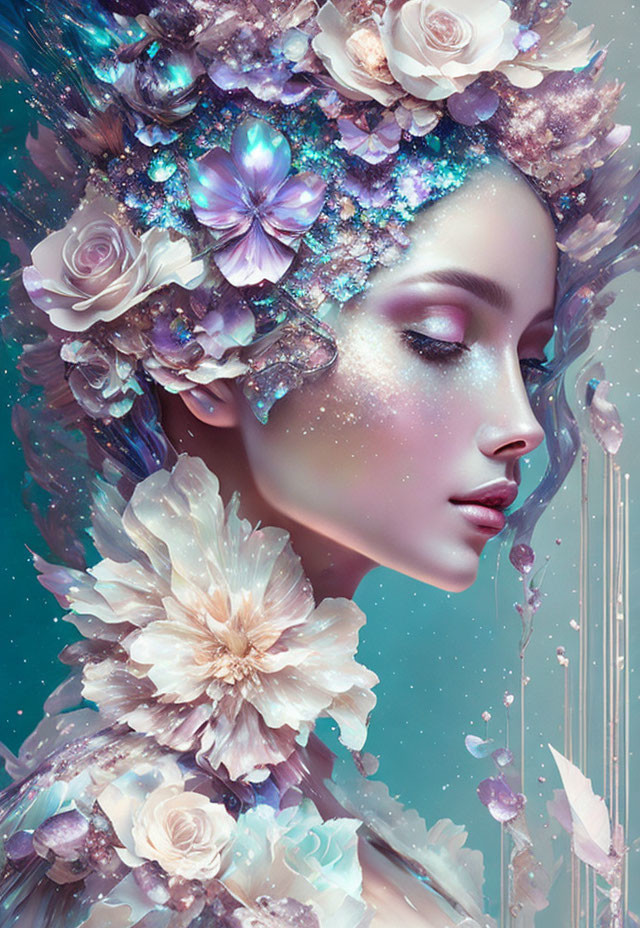 Fantastical digital artwork of woman with floral adornments in blue, pink, and purple palette