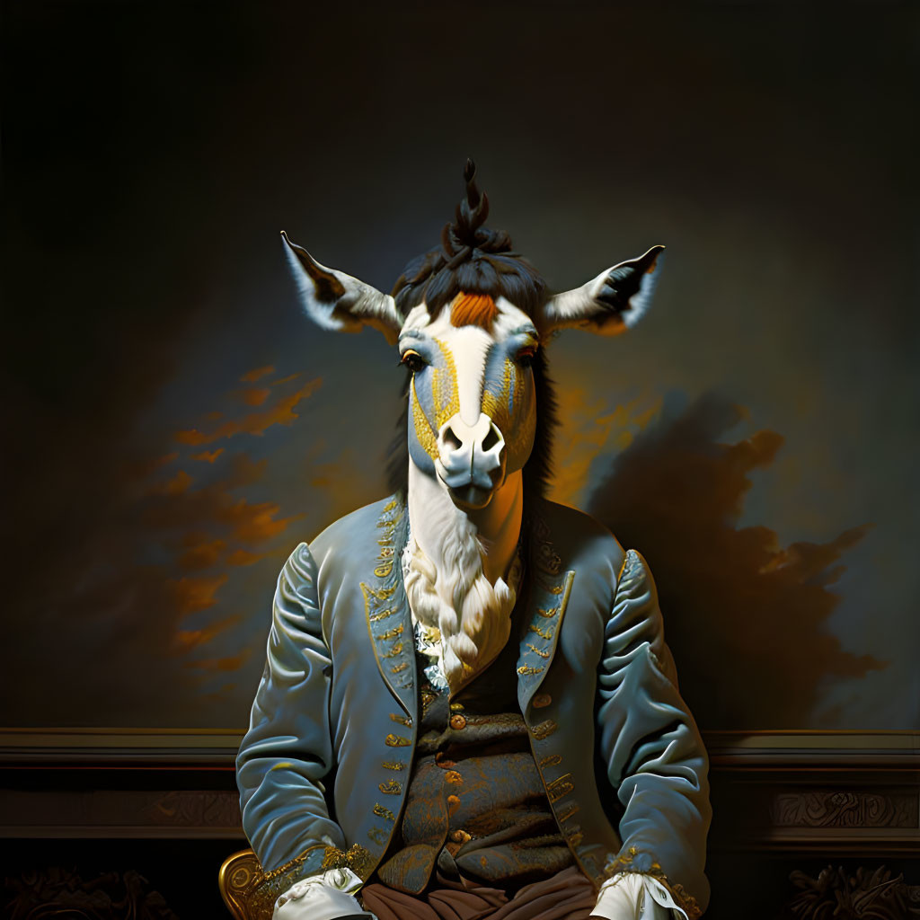 Digital art: Giraffe in human attire on dark backdrop