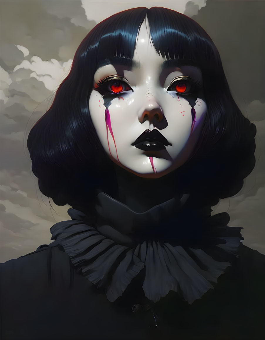 Illustrated portrait of person with pale skin, black bob haircut, red eyes, and dark lipstick.