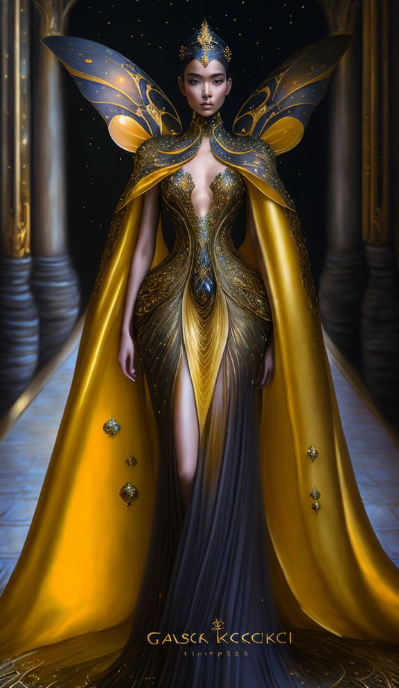 Regal figure in golden gown with butterfly wings in dimly lit hall