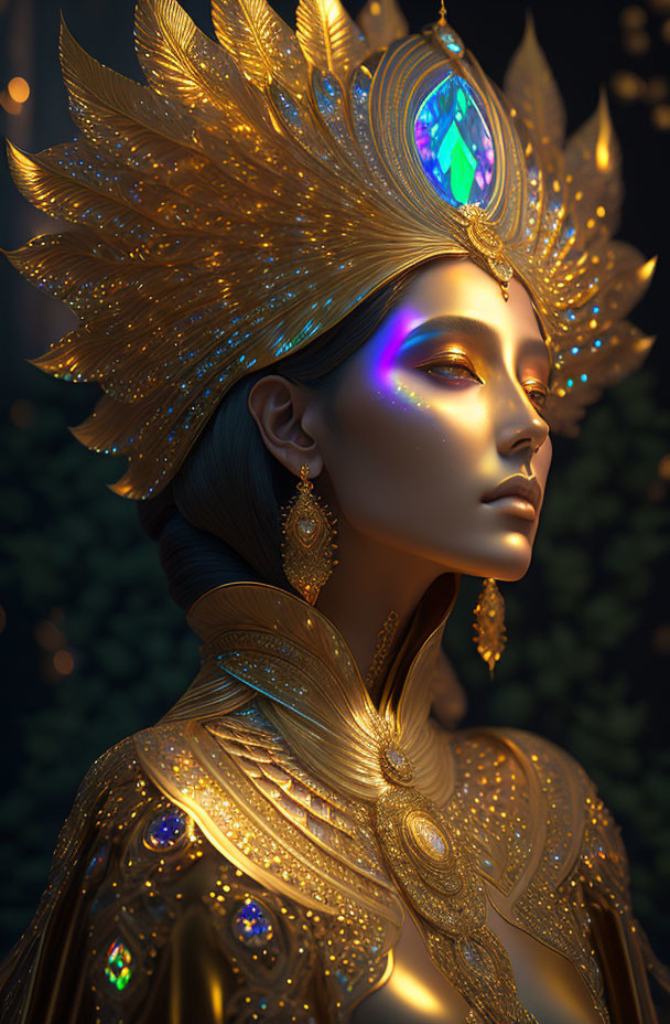 Regal Figure in Ornate Golden Attire Against Dark Backdrop