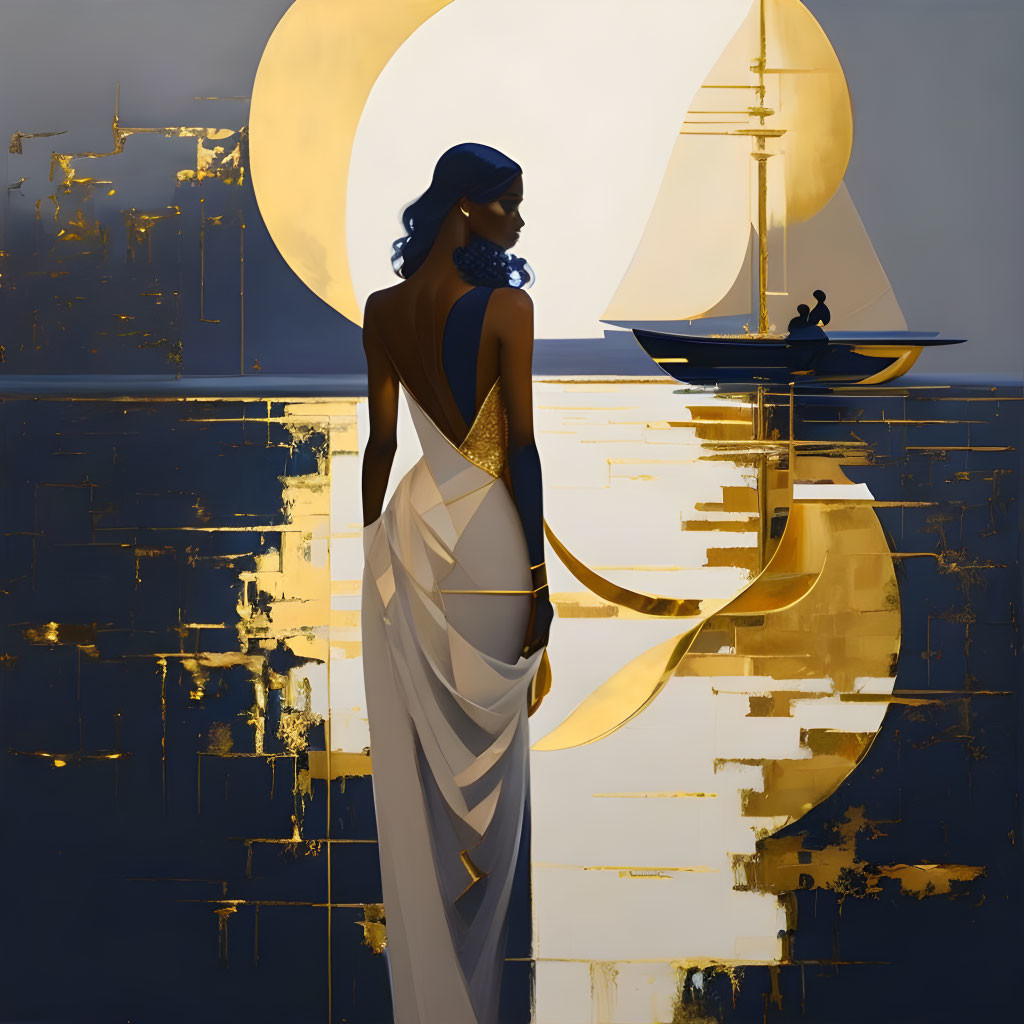 Woman in white and gold dress admires sailboat on water with abstract golden crescents.