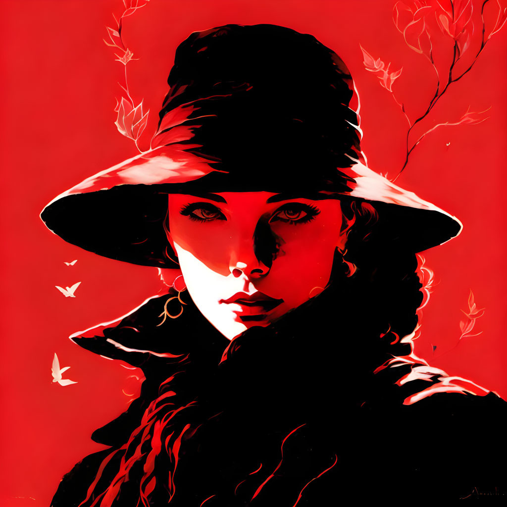 Red and black stylized image of woman with wide-brimmed hat, intense gaze, leaves,