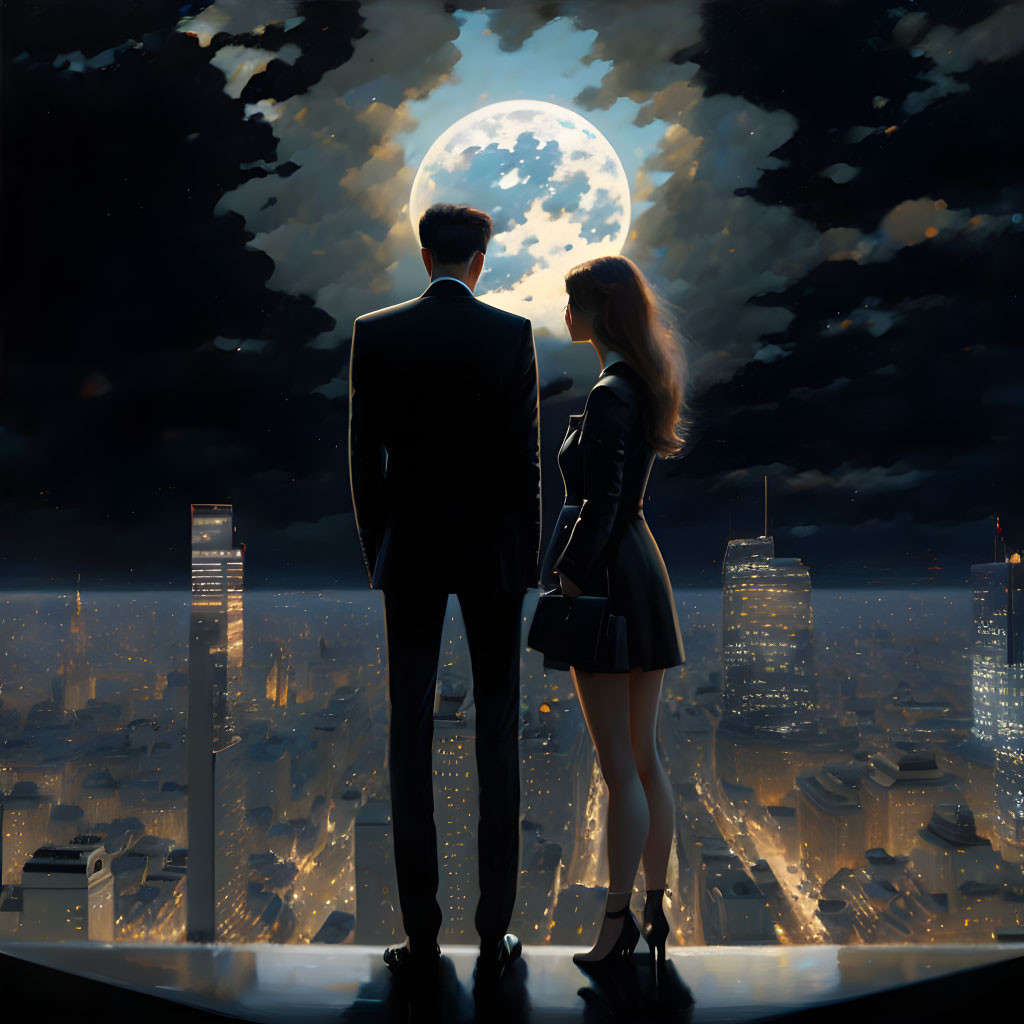 Couple overlooking cityscape at night under full moon