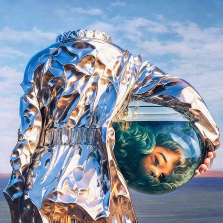 Reflective metallic suit with helmet mirroring serene sky and distorted face with green hair.