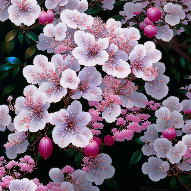 Pink and White Flower Artwork with Cherry Blossoms on Dark Background