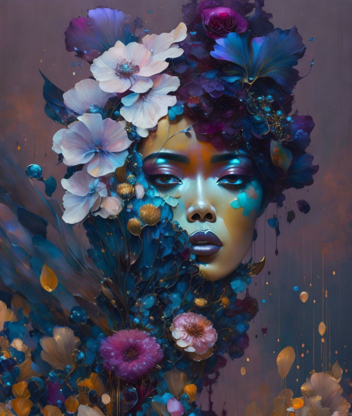 Colorful portrait of woman with blue, purple, and gold flowers and leaves