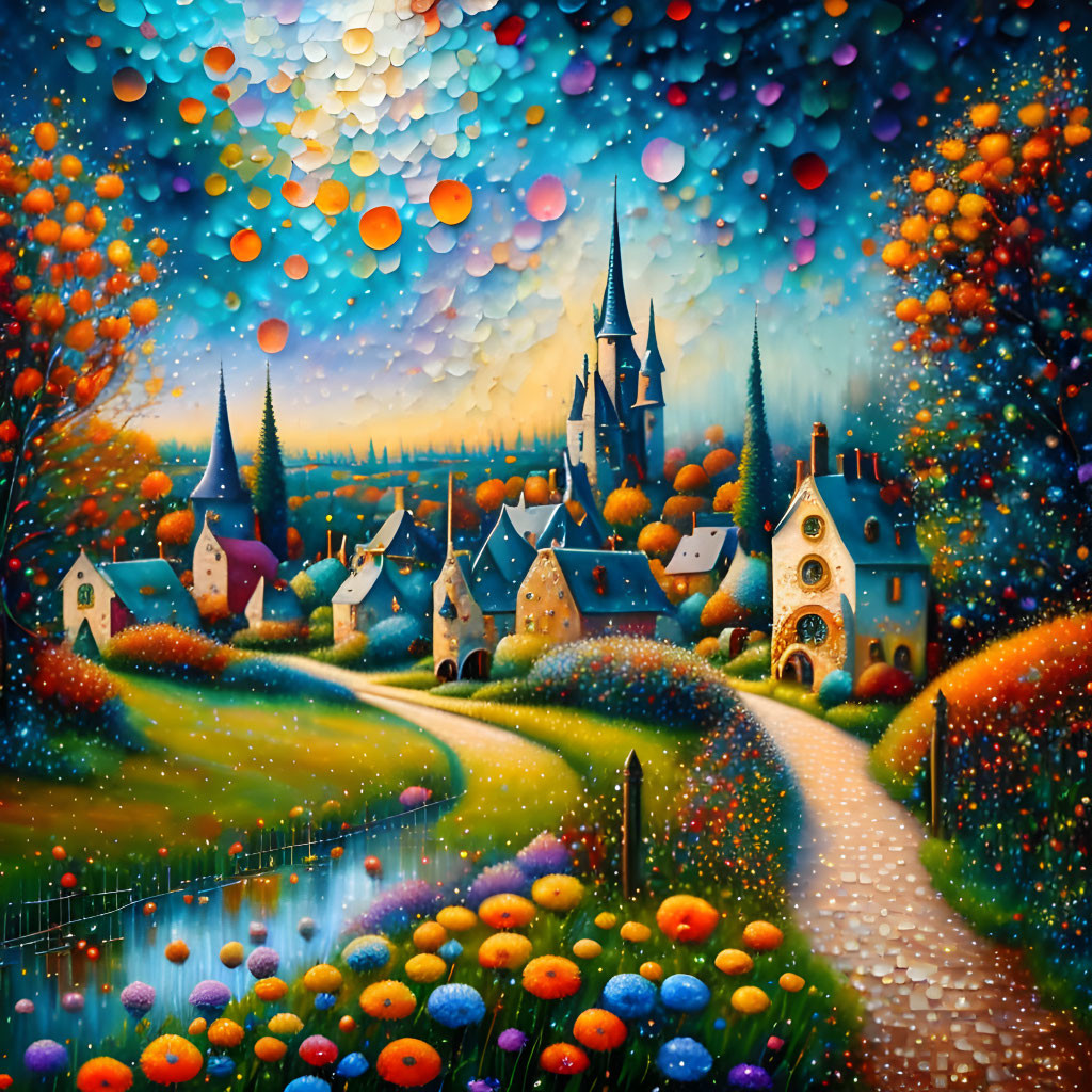 Colorful painting of whimsical village with castle, river, and mosaic sky