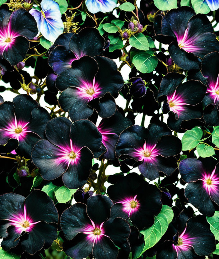 Dark Purple Flowers with Neon Pink Centers in Vibrant Floral Display