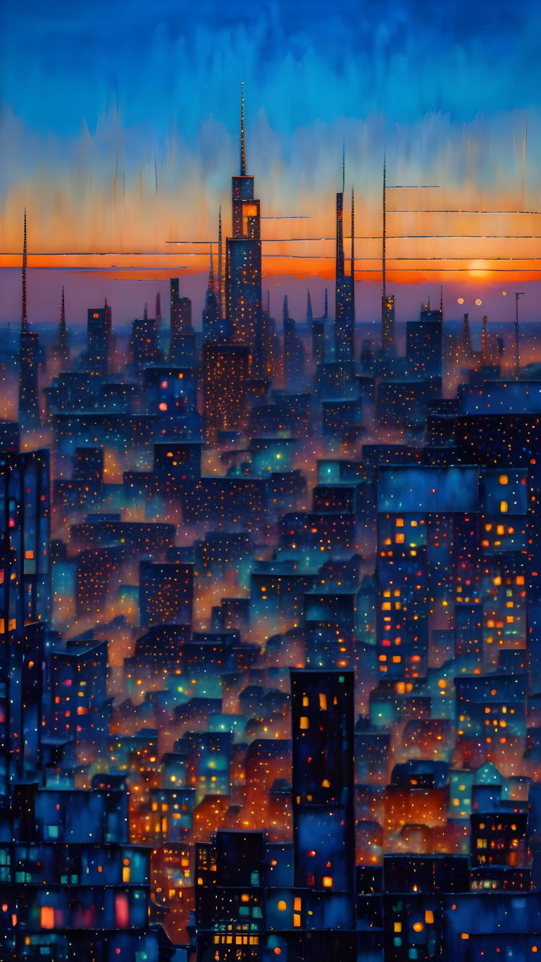 Vibrant cityscape: skyscrapers silhouetted against orange sunset sky