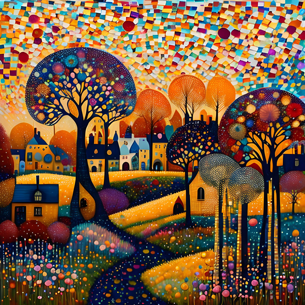 Colorful whimsical landscape with stylized trees and houses under a mosaic sky