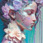 Fantastical digital artwork of woman with floral adornments in blue, pink, and purple palette