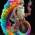 Eccentric man with long white beard on bicycle with colorful smoke plumes