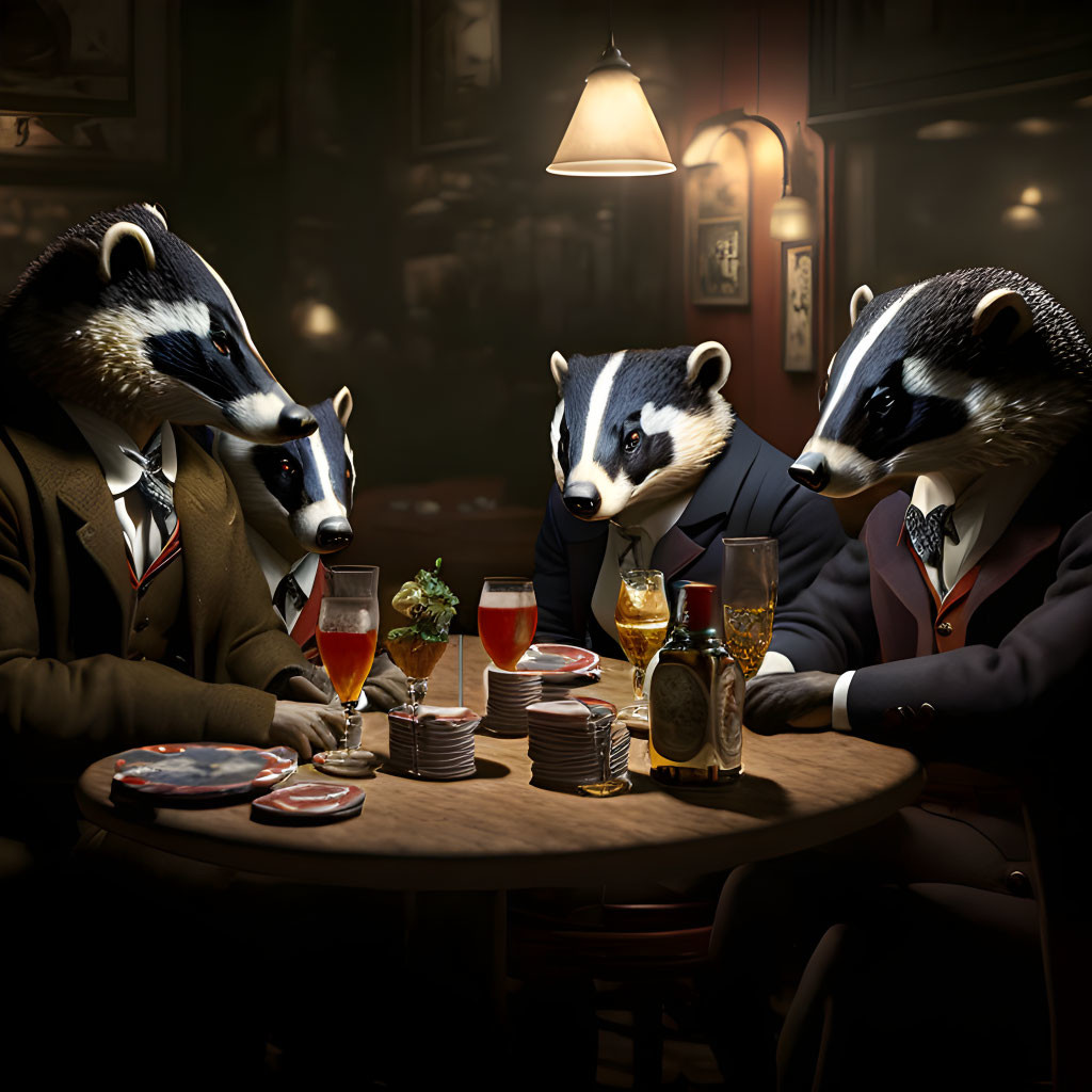 Anthropomorphic Badgers in Suits Enjoying Drinks at Table