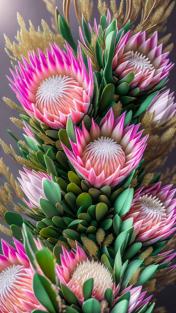 Pink and White Protea Flower Bouquet with Green Foliage and Golden Accents