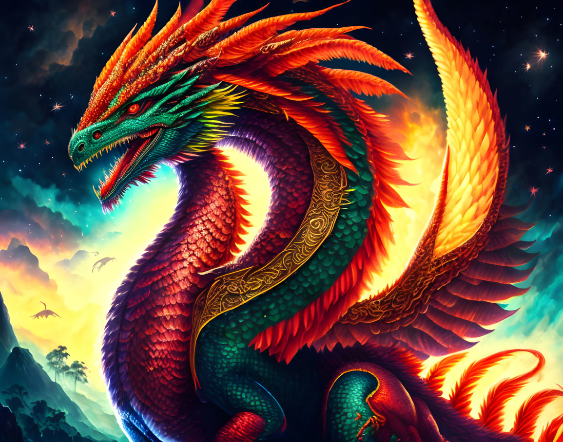 Colorful Dragon with Green Eyes and Golden Patterns on Cosmic Background