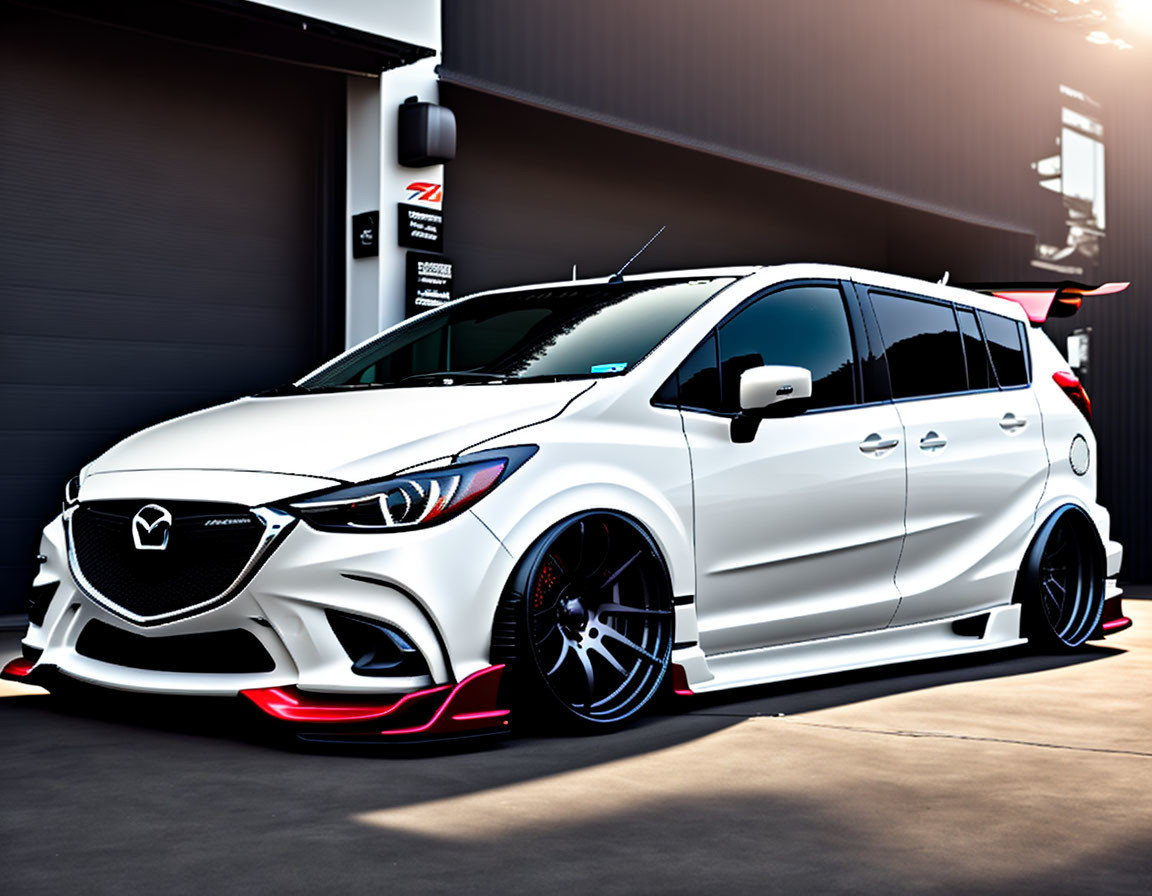 White Mazda with Black Wheels, Red Trim, Rear Wing, and Tinted Windows by Garage