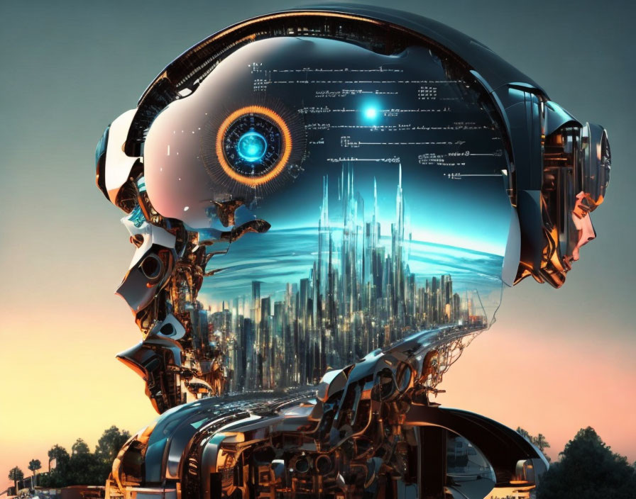 Futuristic robot head with cityscape and code reflection in visor at dusk