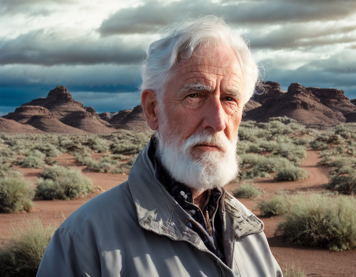 Elderly Man with White Beard in Desert Landscape