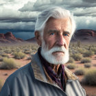 Elderly Man with White Beard in Desert Landscape