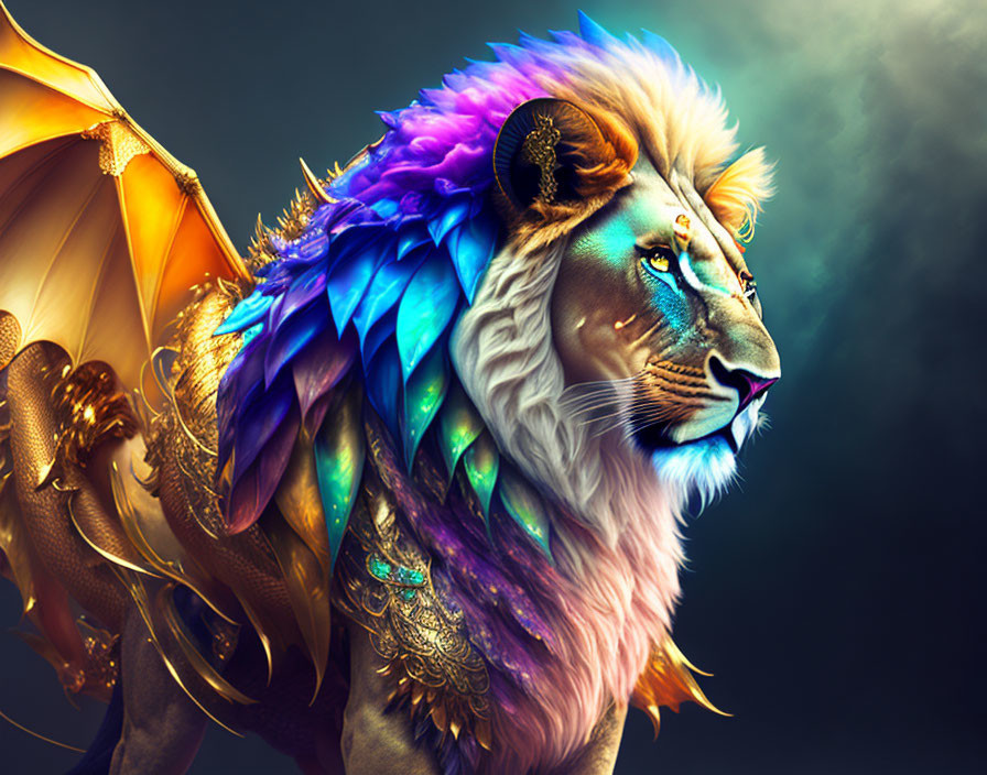 Majestic fantasy creature with lion body, wings, vibrant blue to purple mane, and golden embell