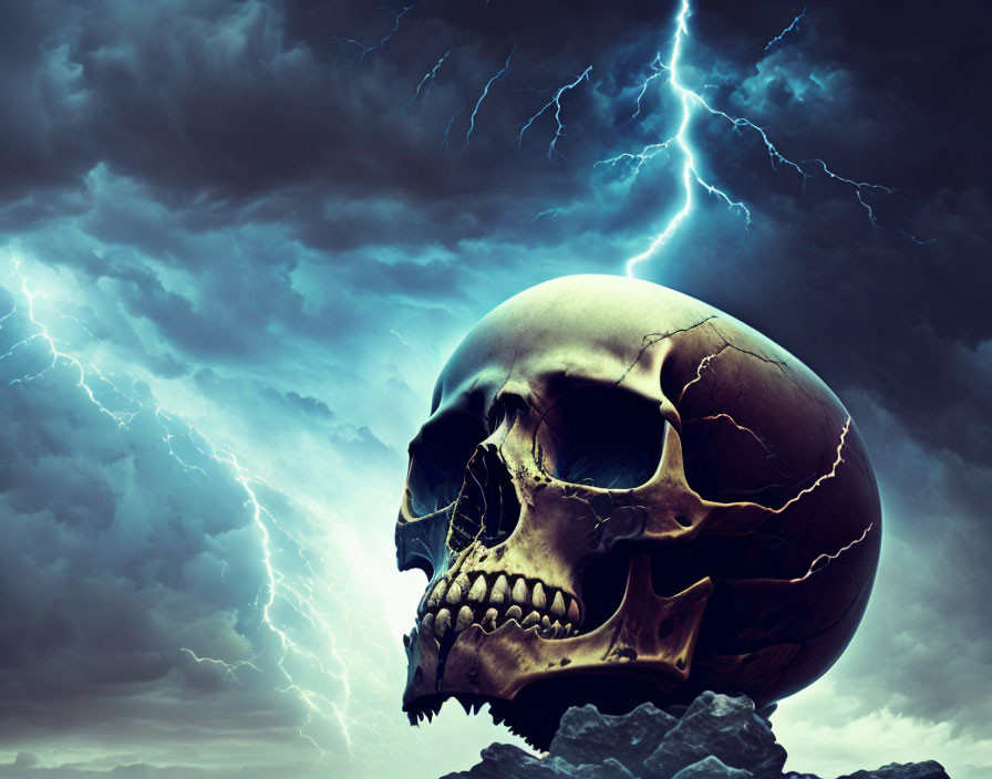 Human skull on rocky surface under tempestuous sky with lightning.