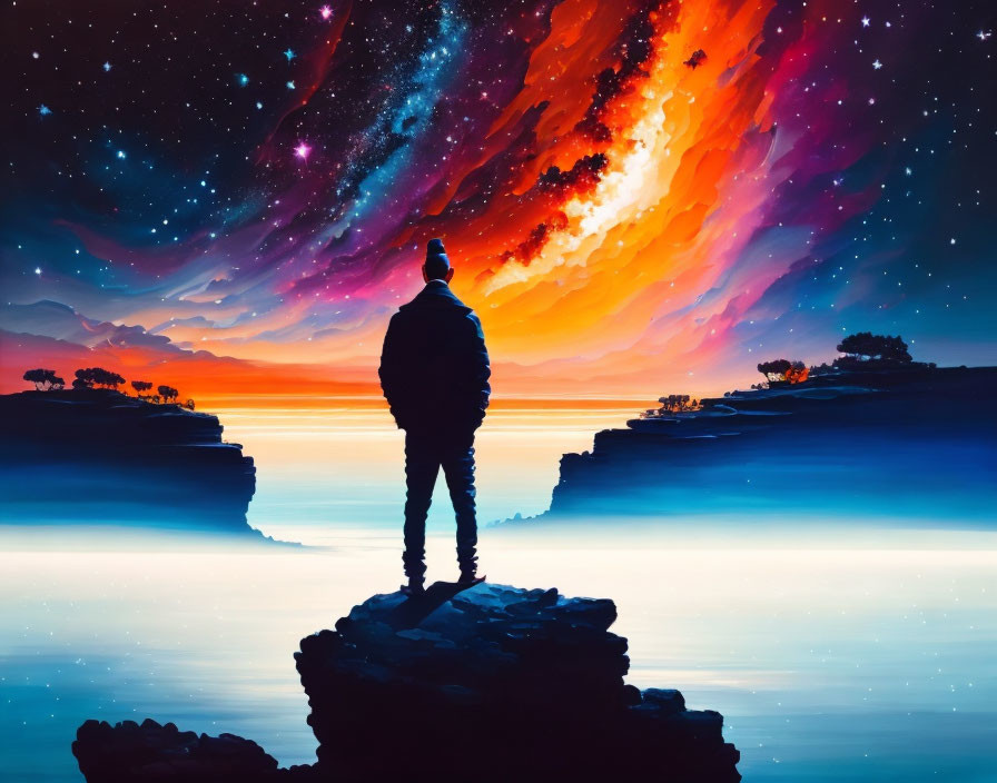 Person standing on rock overlooking vibrant, starry sky and water