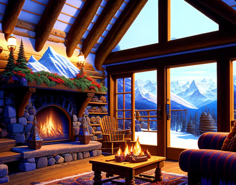 Rustic cabin interior with fireplace, wood furniture, snowy mountain view