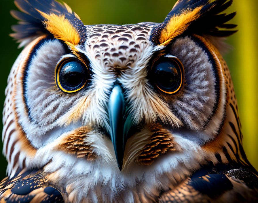 Majestic owl with orange eyes and ear tufts on green background