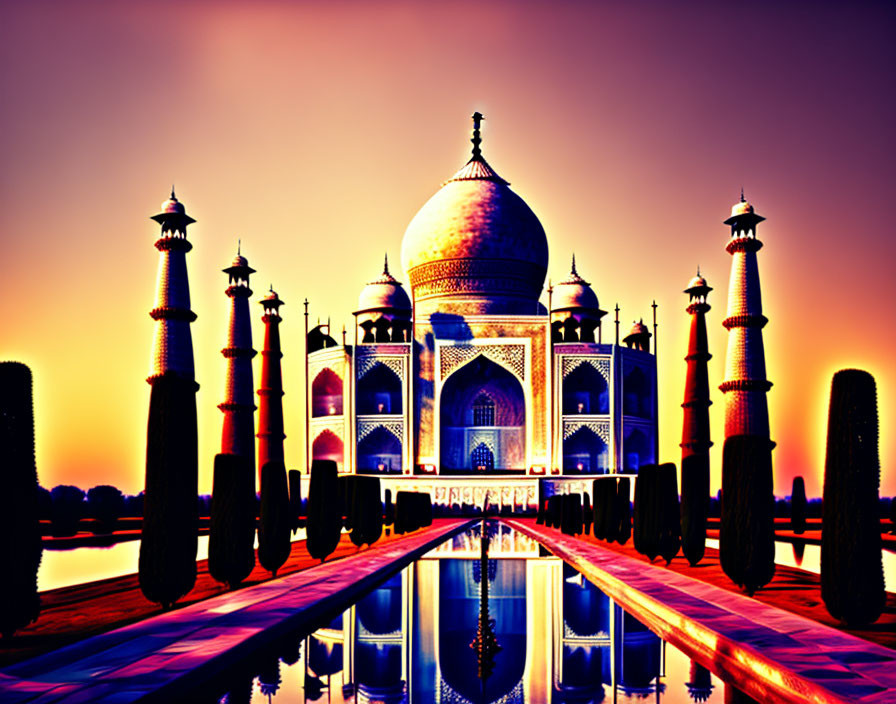 Iconic Taj Mahal Silhouetted in Vibrant Sunset Sky and Water Reflection