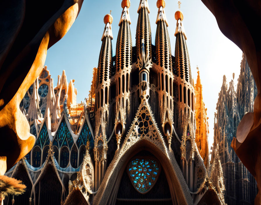 Sagrada Familia facade with towering spires framed by trees