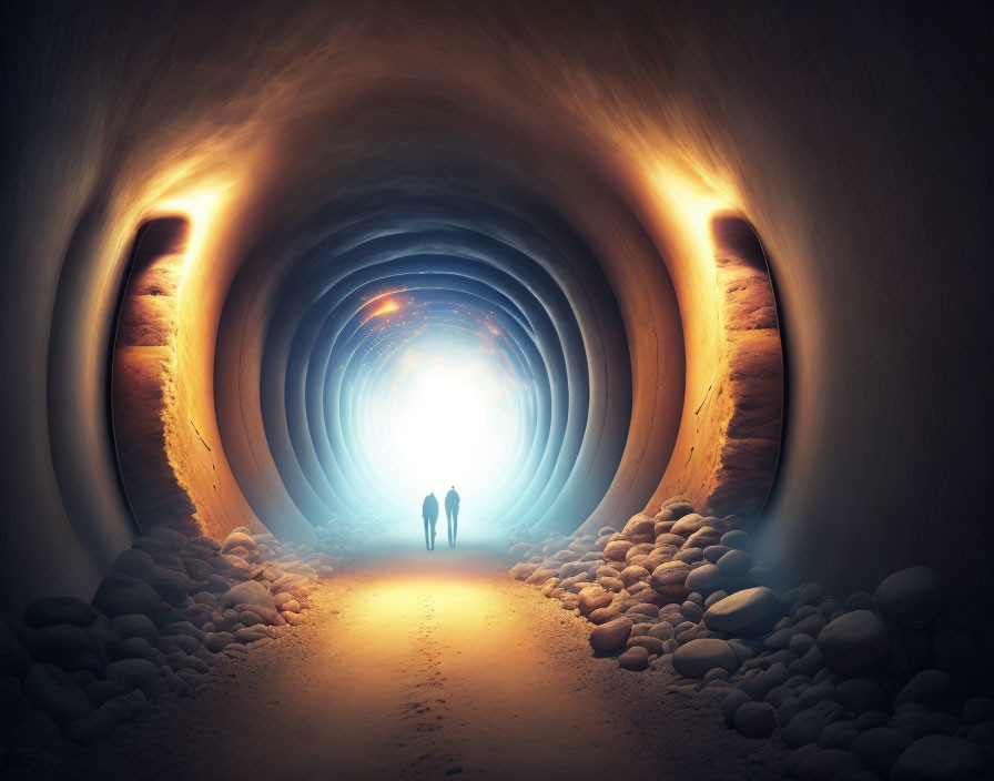 Silhouetted figures in warmly lit tunnel with bright light and rocks