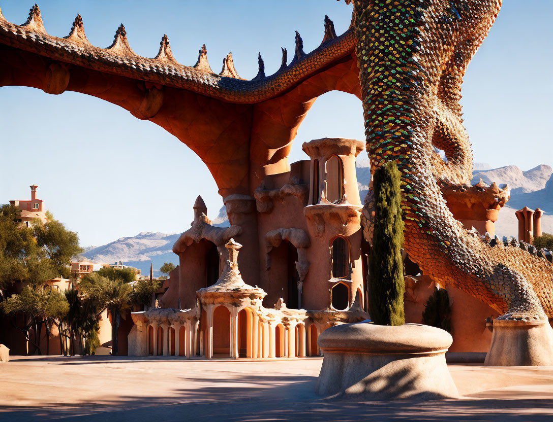 Mosaic Decorated Whimsical Architecture with Dragon-like Designs