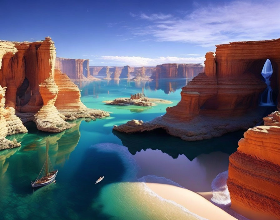 Tranquil lake with turquoise waters, red cliffs, sailboat, and small boat