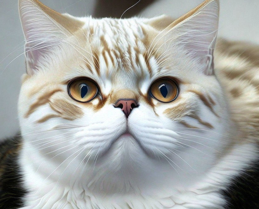 Fluffy white and beige cat with amber eyes and pink nose.