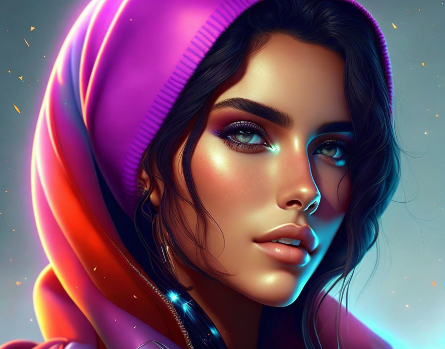 Digital artwork of a woman with radiant skin and striking blue eyes in vibrant pink and orange hoodie with glow