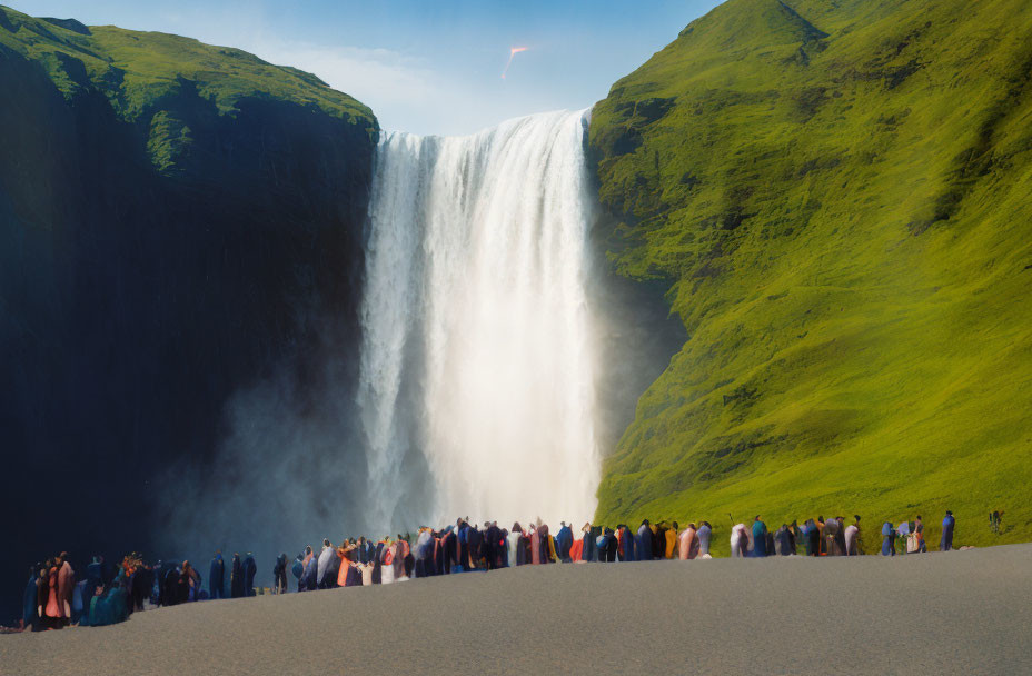 Tourists viewing majestic waterfall with lush cliffs and rainbow in clear sky